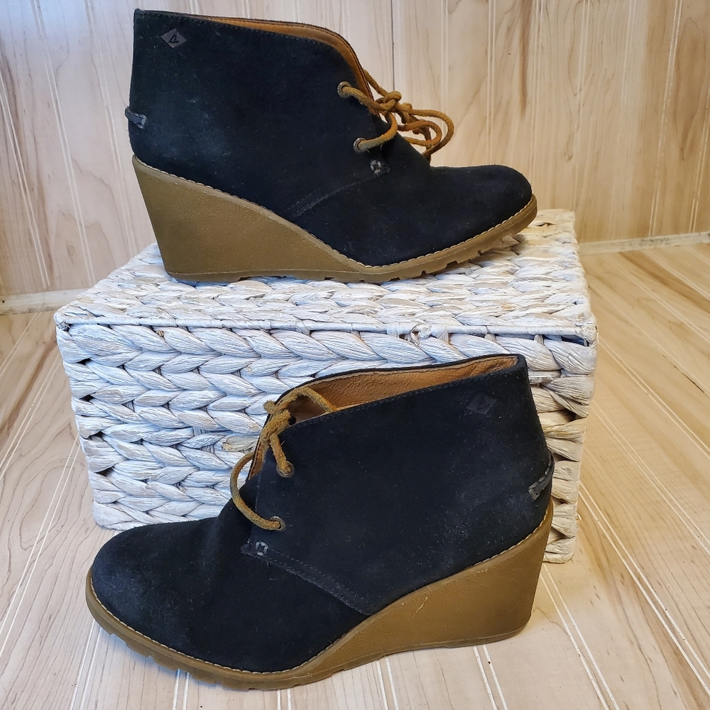 Sperry‎ Top Sider Boots Womens 7.5 Stella Prow Wedge Ankle Booties Preppy Black